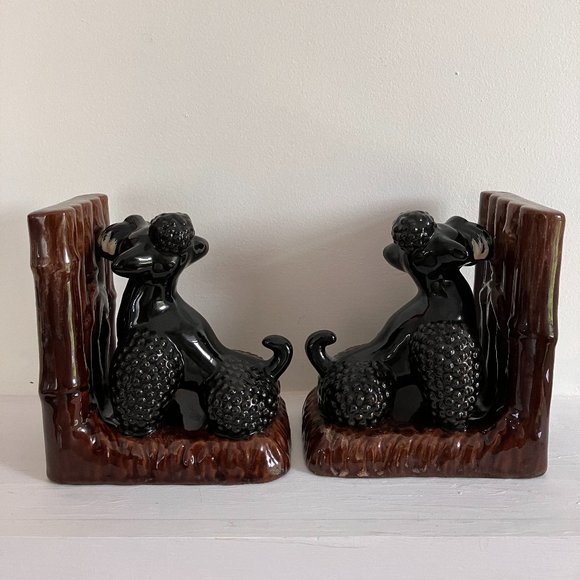 Vintage Black Poodle Bookends 1950's - MCM Kitsch High Gloss Poodles - Picture 5 of 14